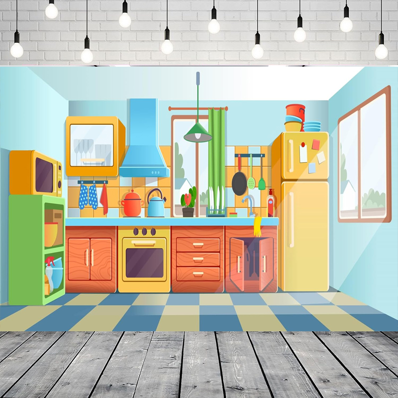 Kitchen Baking Background - Fotografieachtergrond voor kinderen Cartoon keuken voor