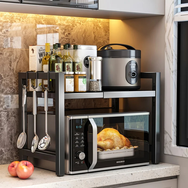 Kitchen Baking Rack - Uitbreidbaar magnetronrek, magnetronhouder met 6 haken,